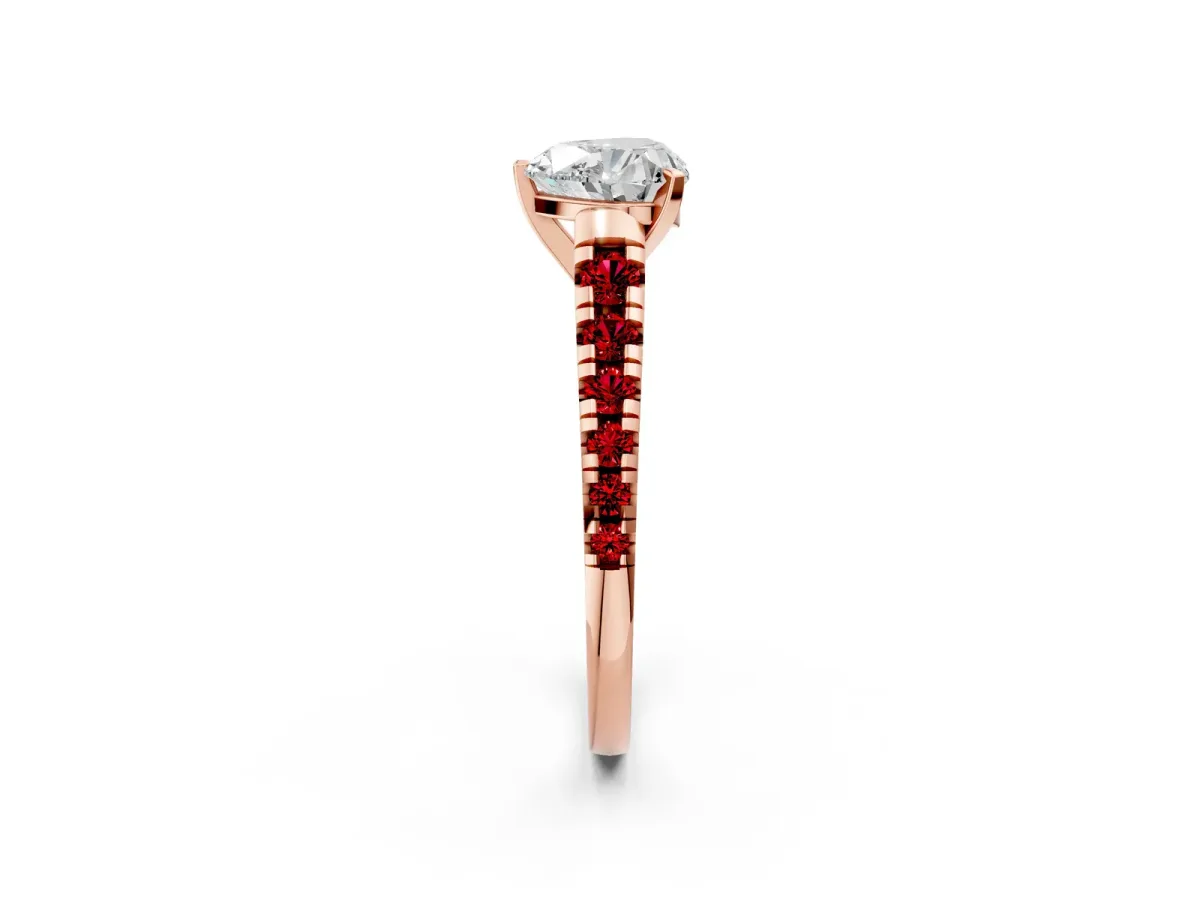 Heart Cut Diamond Cathedral Solitaire Ring with Round Ruby Pavé Band Rose gold