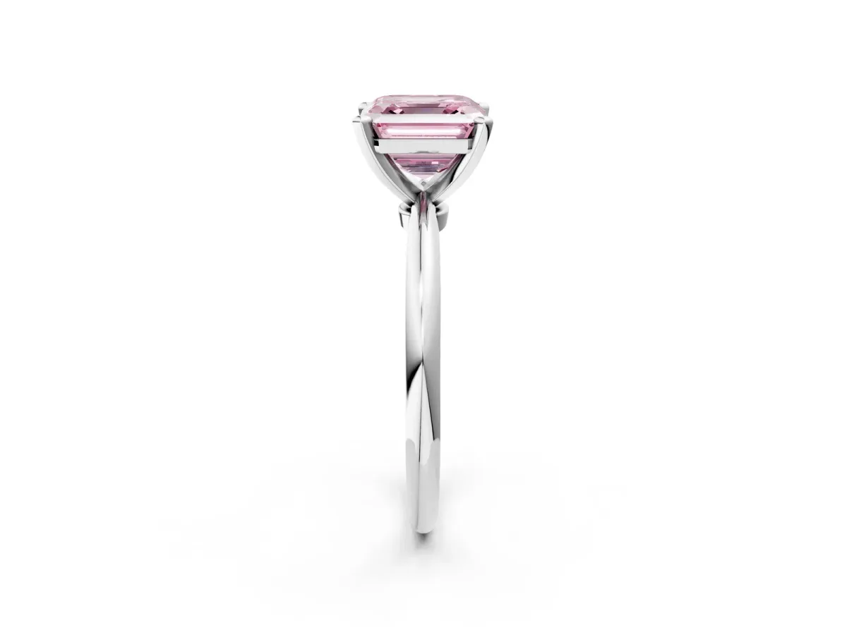 Fancy Pink Asscher Cut Diamond Solitaire Ring with Six-Prong Setting and Classic Band Silver