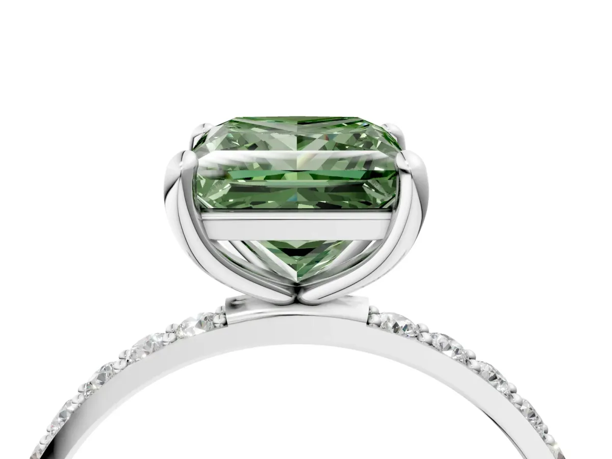 Fancy Green Princess Cut Diamond Solitaire Ring with Round Pavé Band and Prong Setting Silver