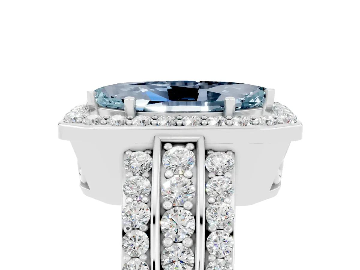Marquise Cut Halo Aquamarine Ring with Round Split Shank and Prong Setting Silver