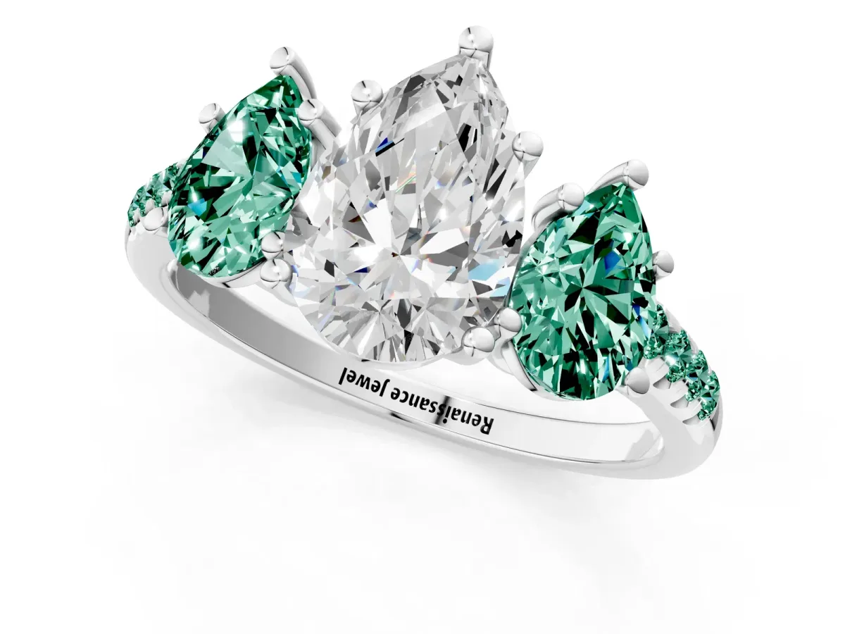 Three-Stone Pear Cut Diamond Ring with Round Green Sapphire Pavé Band and Prong Setting Silver