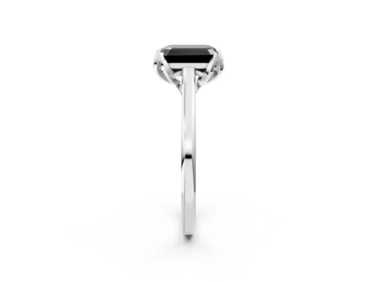 Fancy Black Emerald Cut Diamond Solitaire Ring with Flower Prong Setting and Classic Band White gold