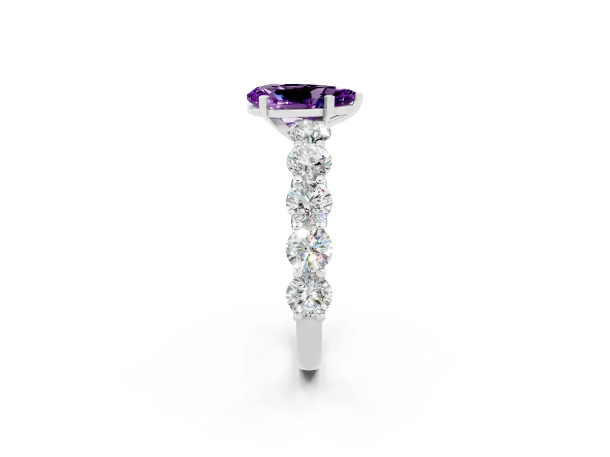 Pear Cut Amethyst Prong Setting with Side Stones on a Pave Band Platinum