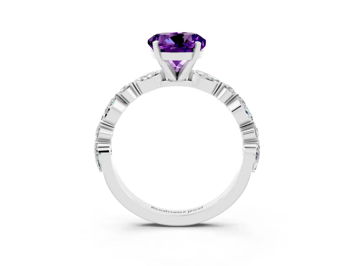 Round Cut Amethyst Ring with Marquise and Round Side Stones and Four-Prong Setting Silver