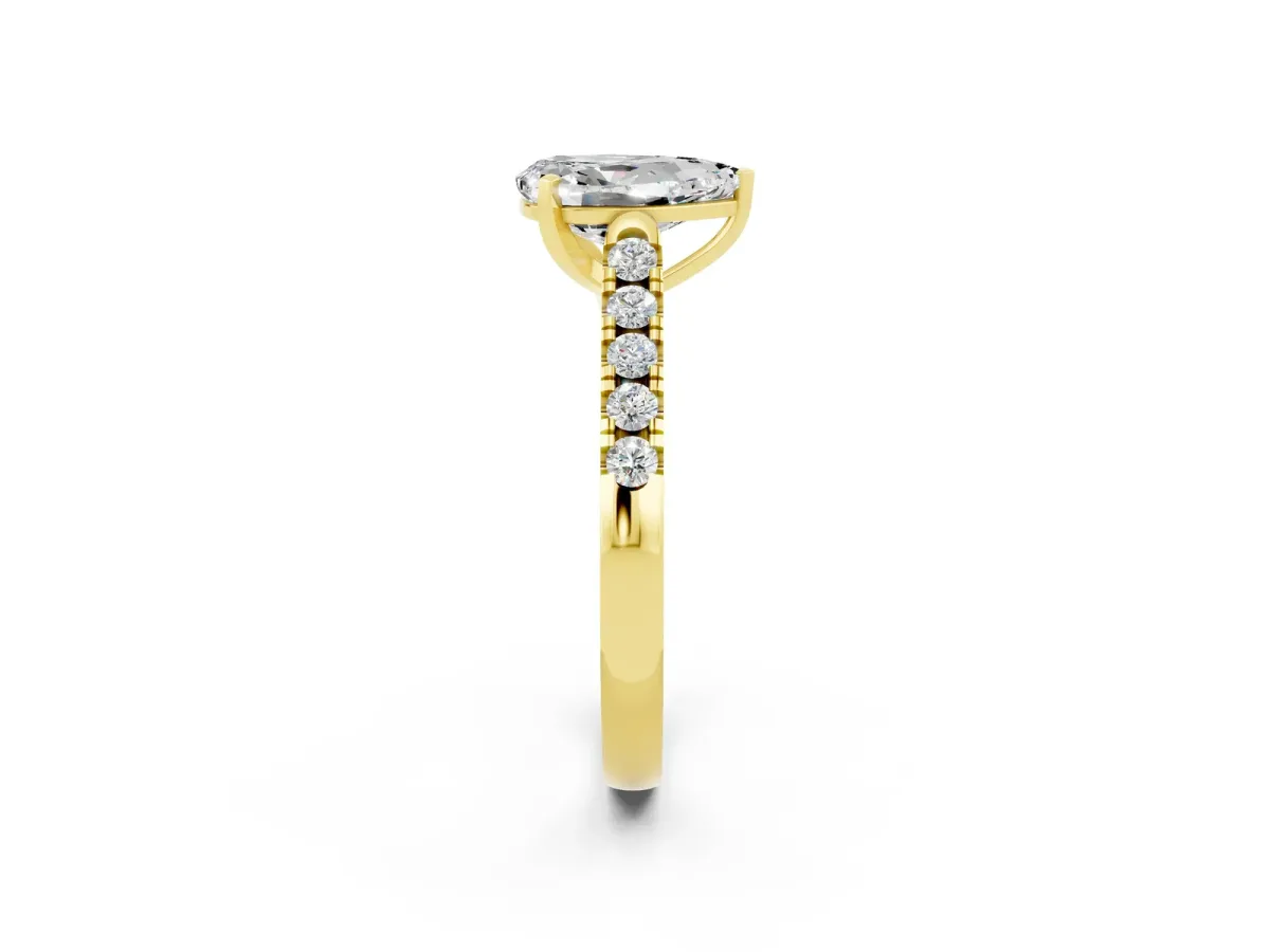 Pear Cut Moissanite Pavé Band Solitaire Ring with Prong Setting Yellow gold