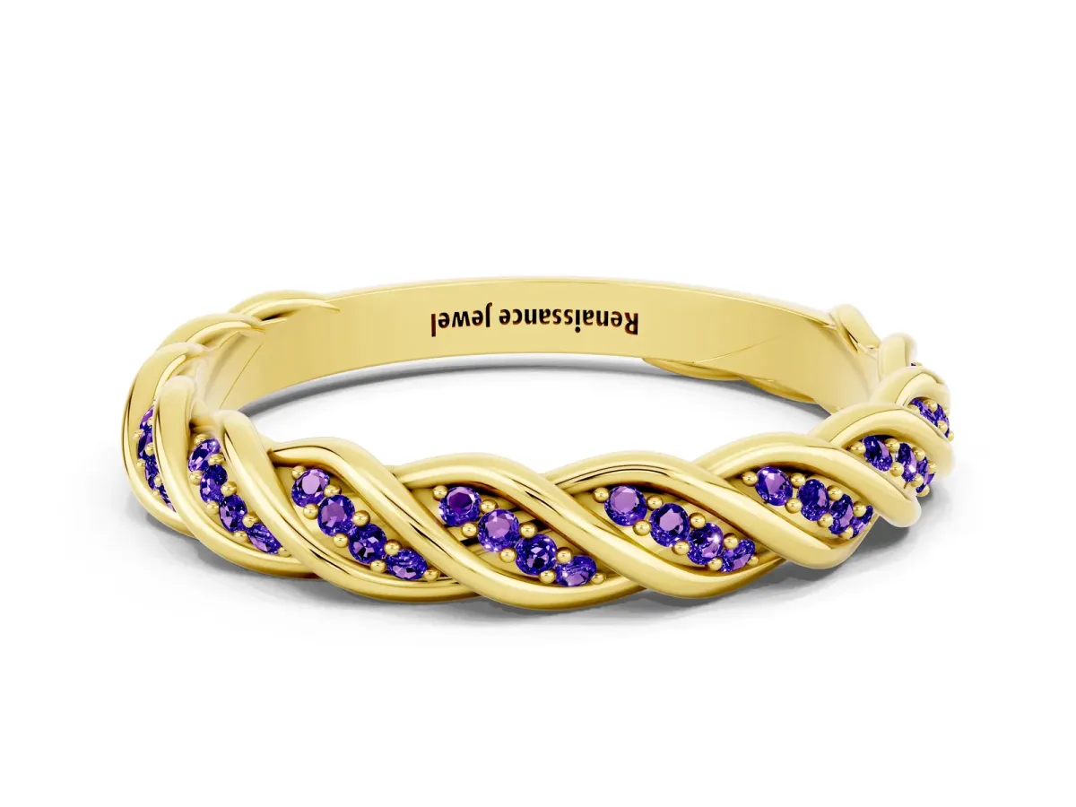 Twisted Pavé Round Tanzanite Eternity Band with Shared Prong Setting Yellow gold