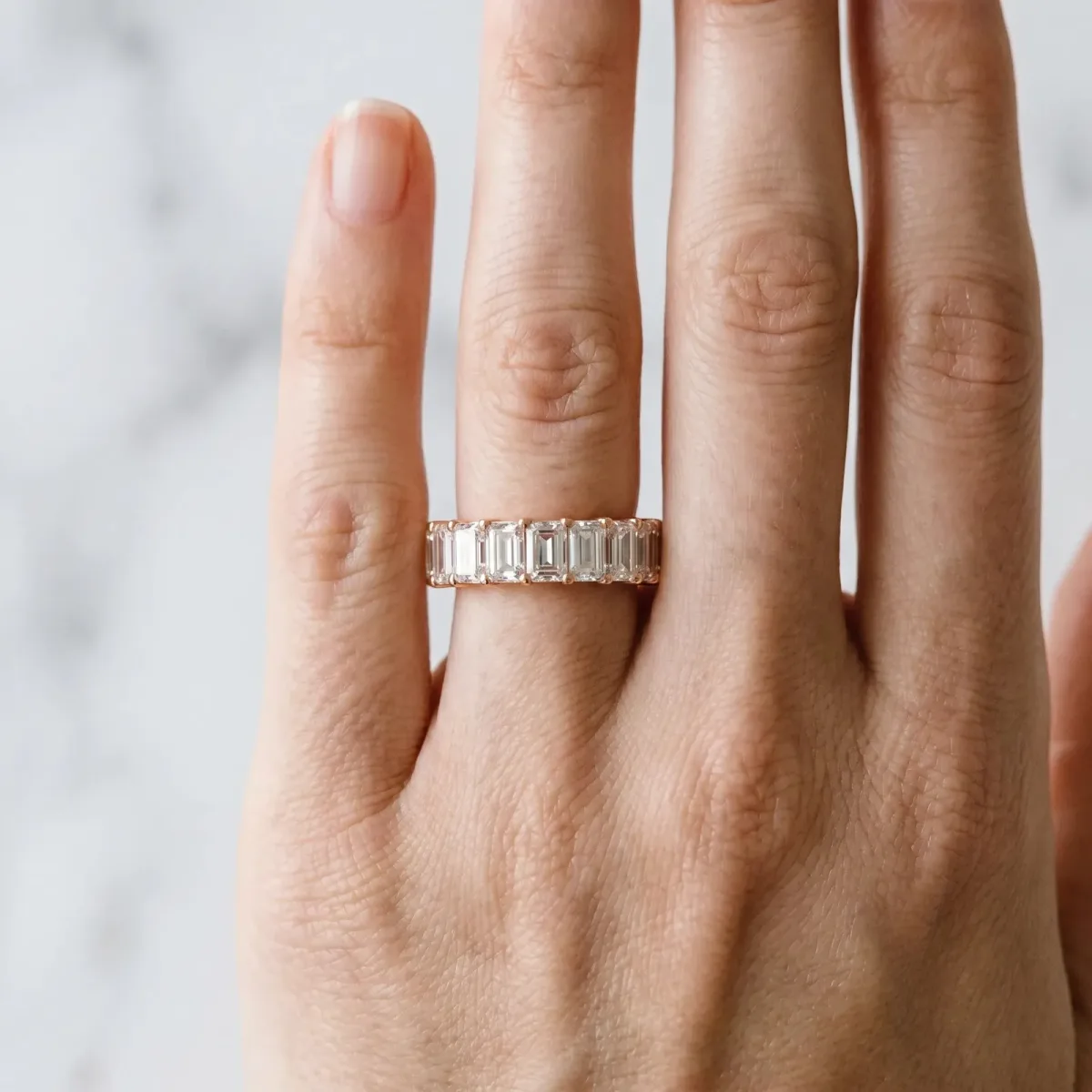Emerald Cut Diamond Eternity Band with Shared Prong Setting Rose gold