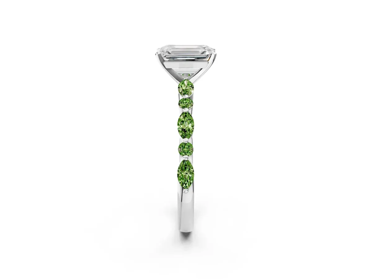 Emerald Cut Diamond Ring with Marquise and Round Peridot Side Stones and Four-Prong Setting Silver