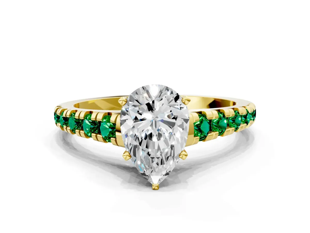 Pear Cut Diamond Cathedral Solitaire Ring with Round Emerald Pavé Band Yellow gold