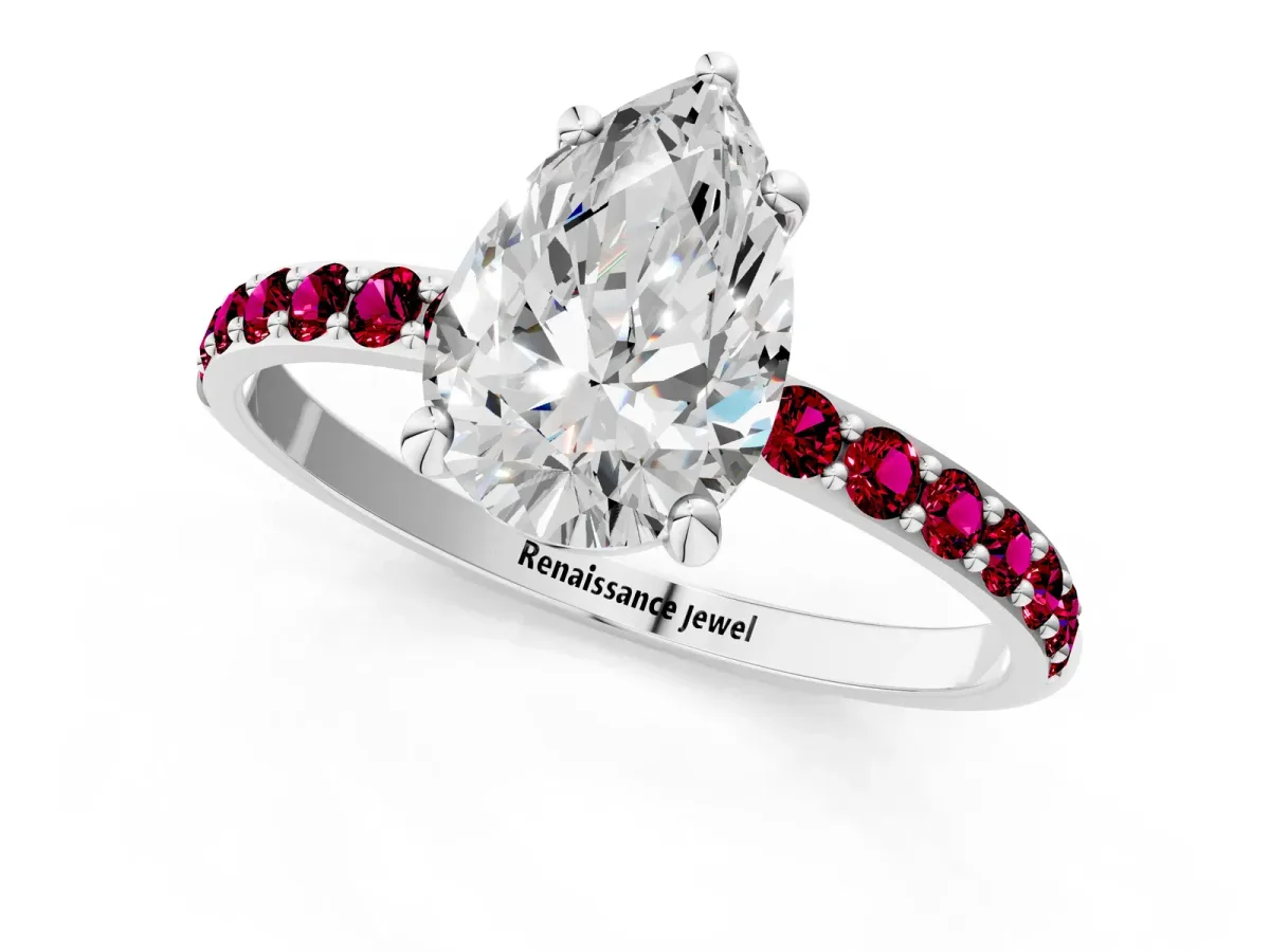 Pear Cut Diamond Solitaire Ring with Round Garnet Pavé Band and Prong Setting Silver