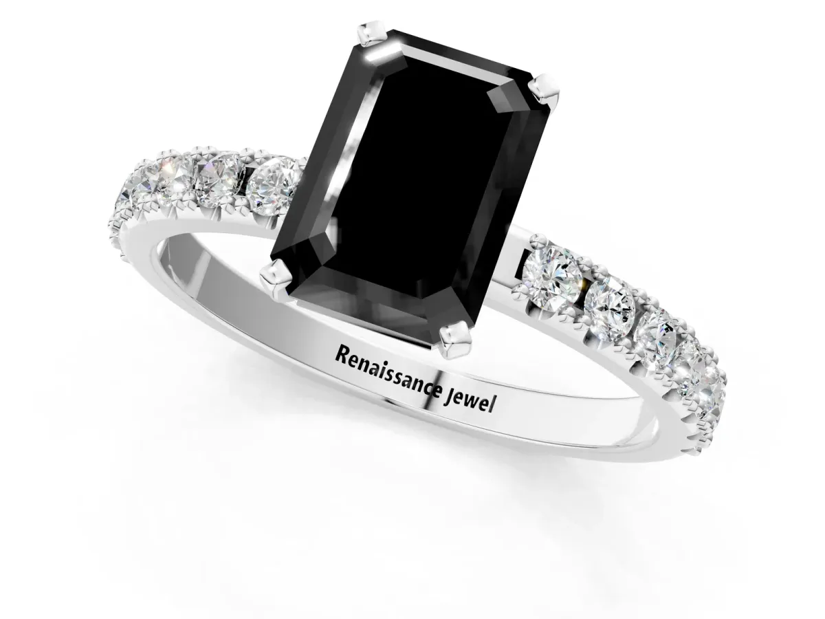 Fancy Black Emerald Cut Diamond Solitaire Pavé Band with Four-Prong Setting White gold