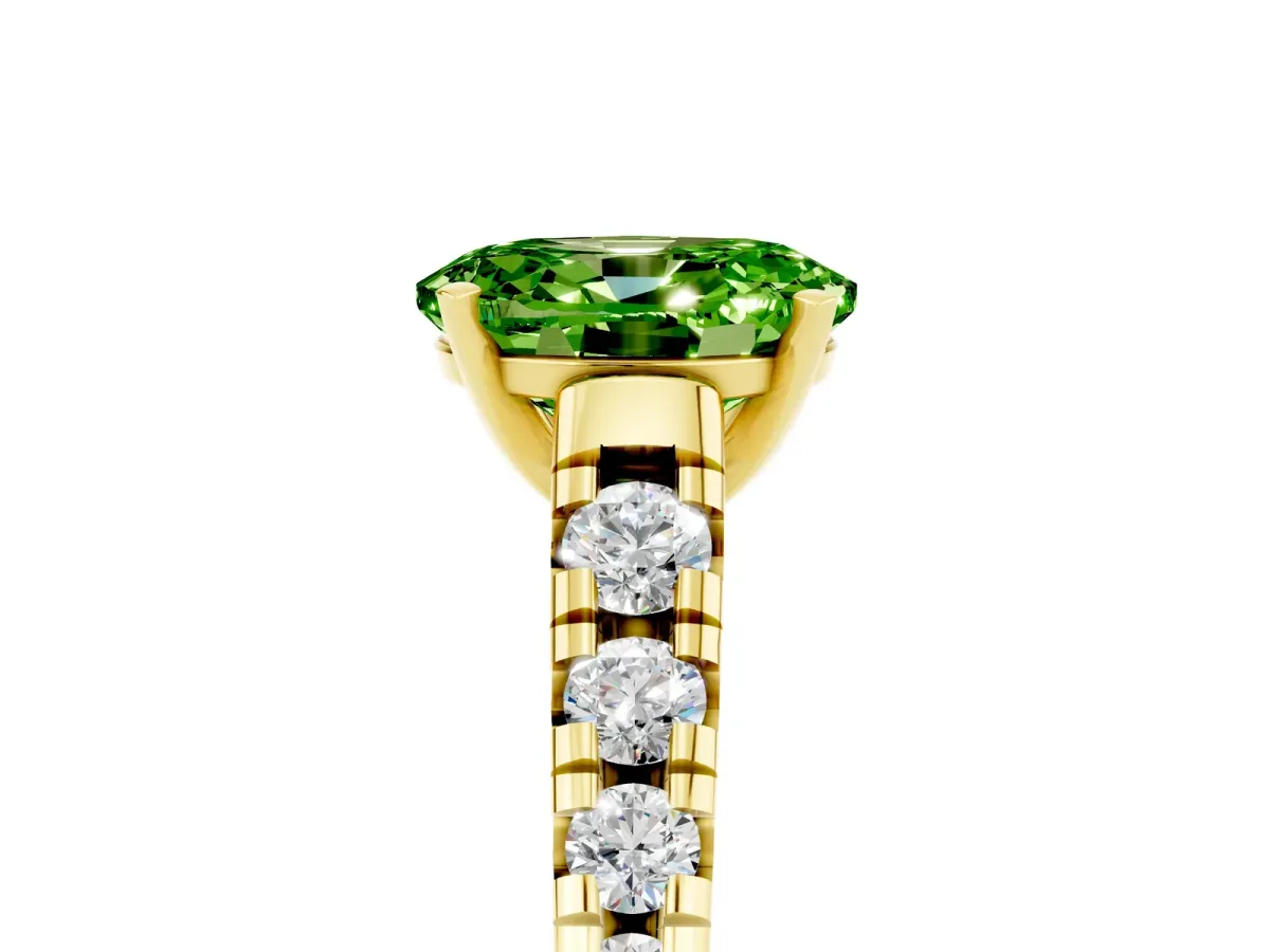 Oval Cut Peridot Cathedral Solitaire Ring with Round Pavé Band Yellow gold