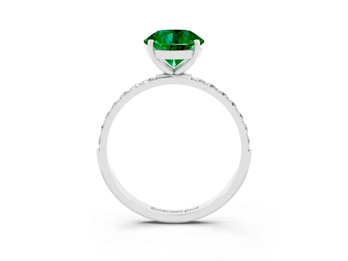 Round Cut Emerald Solitaire Ring with Round Pavé Band and Prong Setting Silver