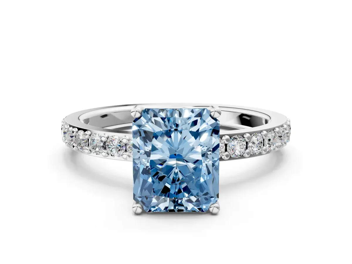 Fancy Blue Radiant Cut Cut Diamond Solitaire with Pave Band and Four-Prong Setting Platinum