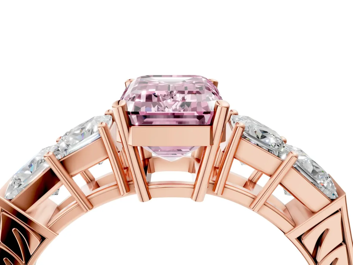 Fancy Pink Emerald Cut Solitaire Princess Side Stone Engraved Band Prong Setting Ring Rose gold