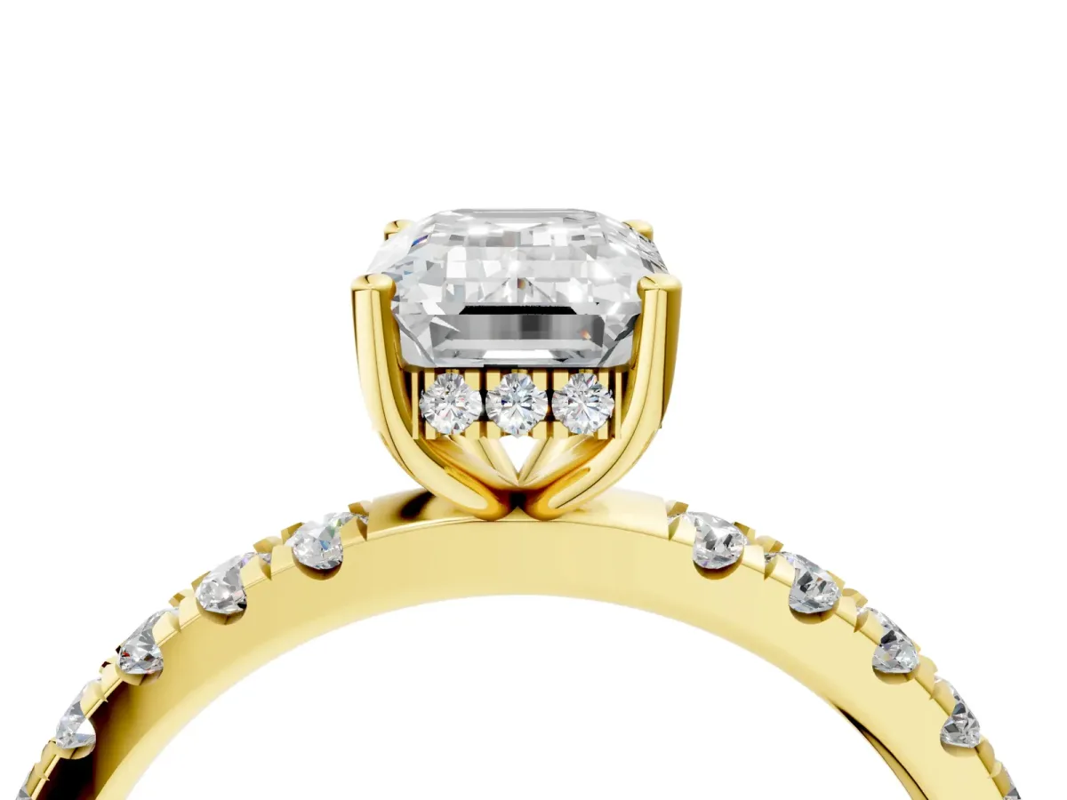 Emerald Cut Diamond Pave Band Solitaire Ring with Round and Prong Setting Yellow gold