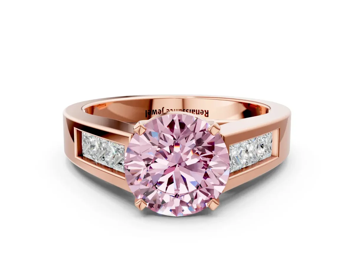 Fancy Pink Round Cut Cut Channel Set Solitaire Ring with Four-Prong Setting Rose gold
