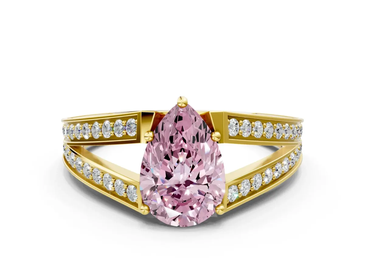 Fancy Pink Pear Cut Diamond Split Shank Ring with Pavé Band and Four-Prong Setting Yellow gold