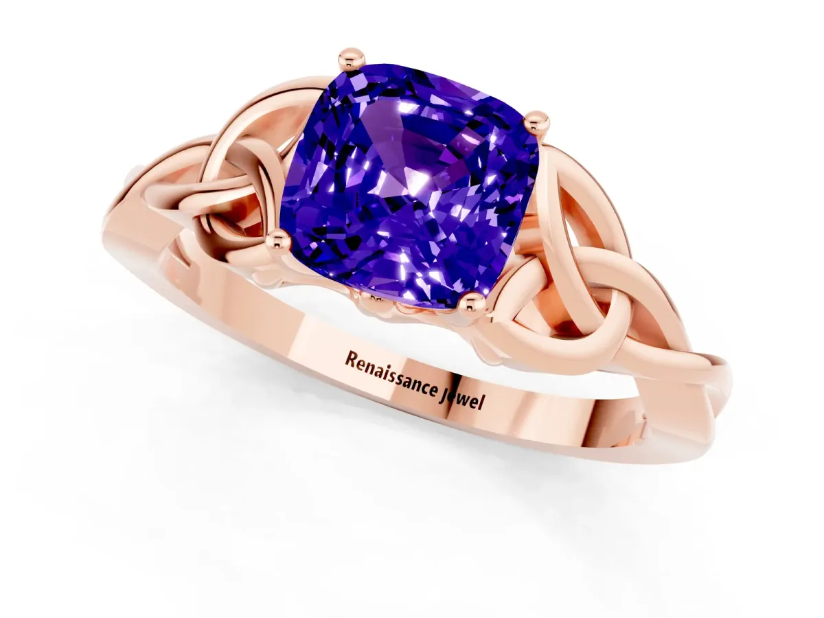 Cushion Cut Tanzanite Solitaire Celtic Knot Ring with Four-Prong Setting Rose gold