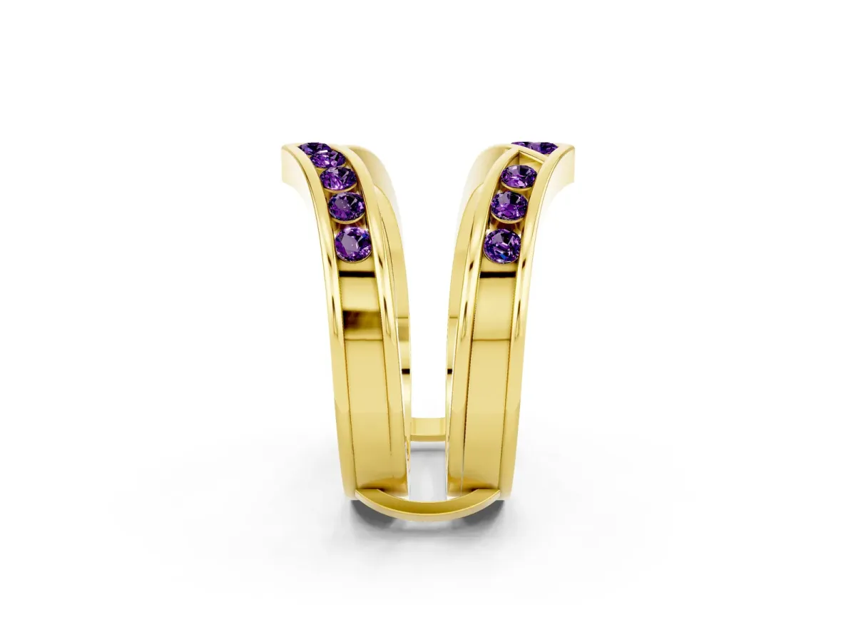 Round Amethyst Channel-Set Chevron Band Yellow gold