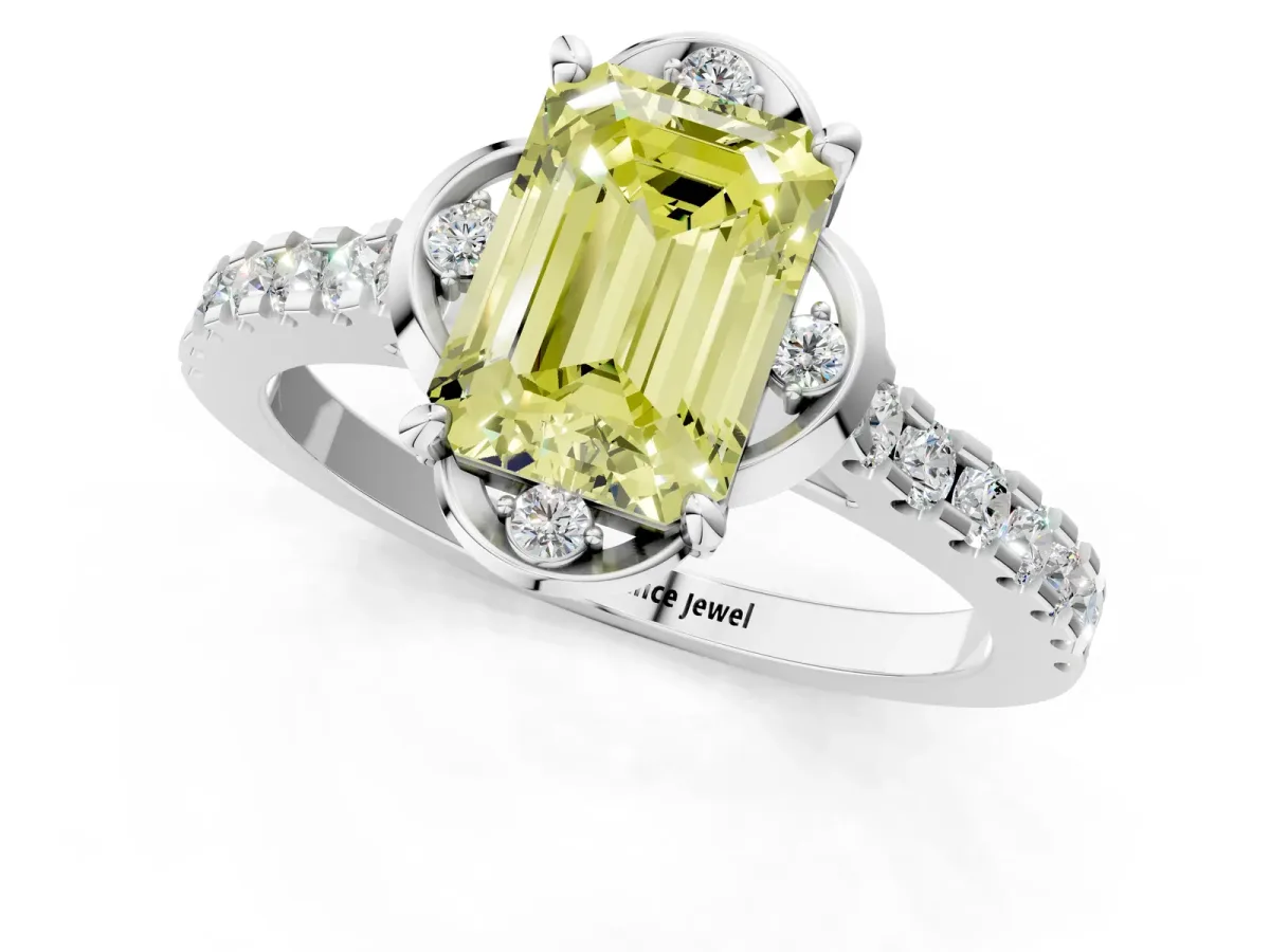 Fancy Yellow Emerald Cut Diamond Ring with Pavé Band and Floral Prong Setting Platinum