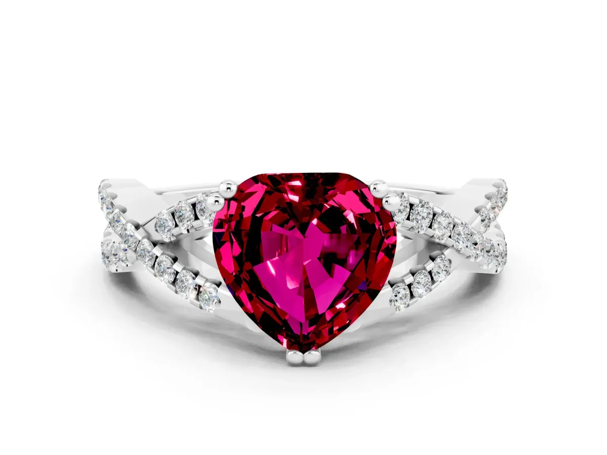 Heart Cut Garnet Solitaire Ring with Four-Prong Setting and Twisted Pavé Band Silver