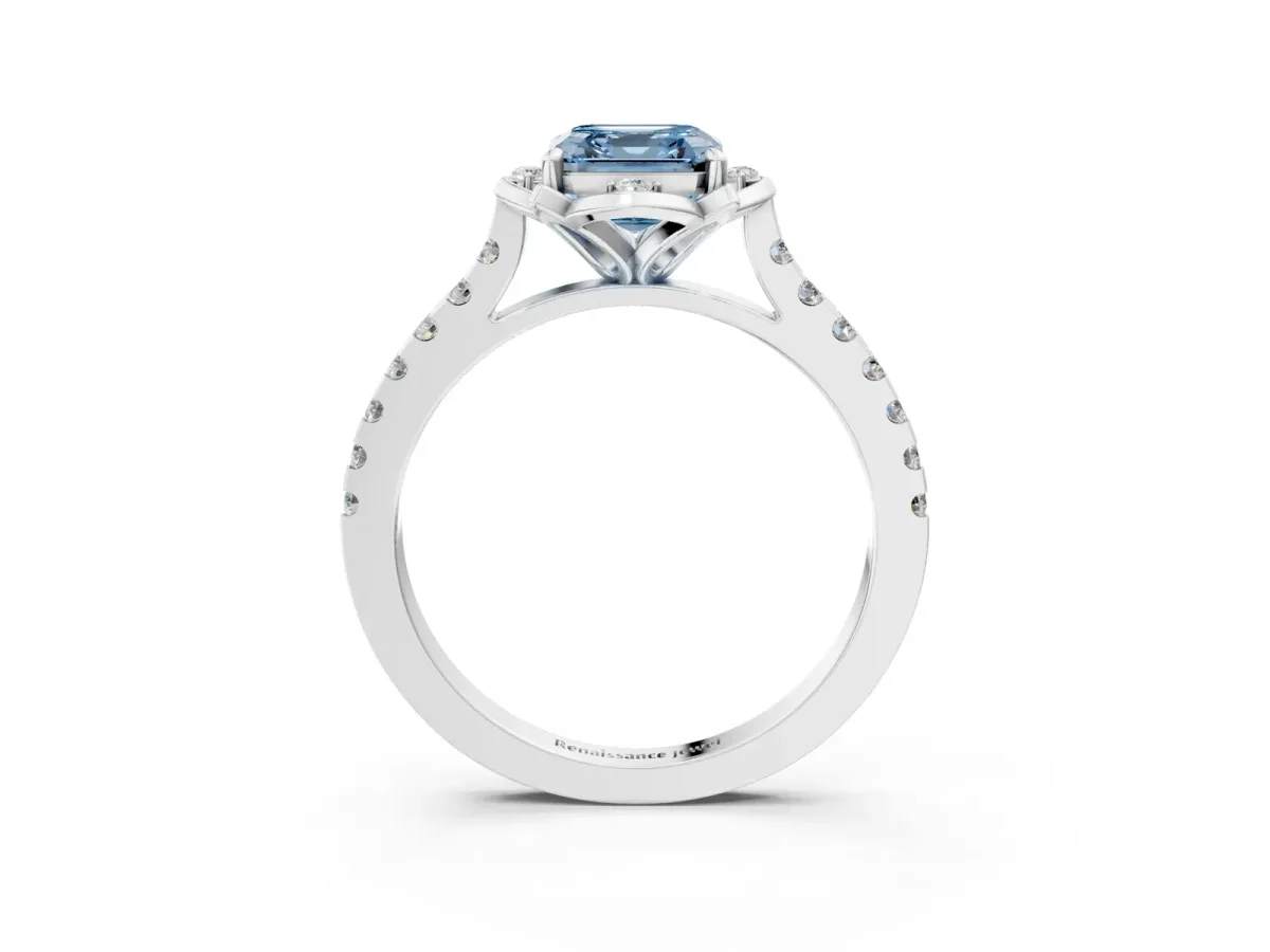 Fancy Blue Asscher Cut Diamond Ring with Pavé Band and Floral Prong Setting Platinum