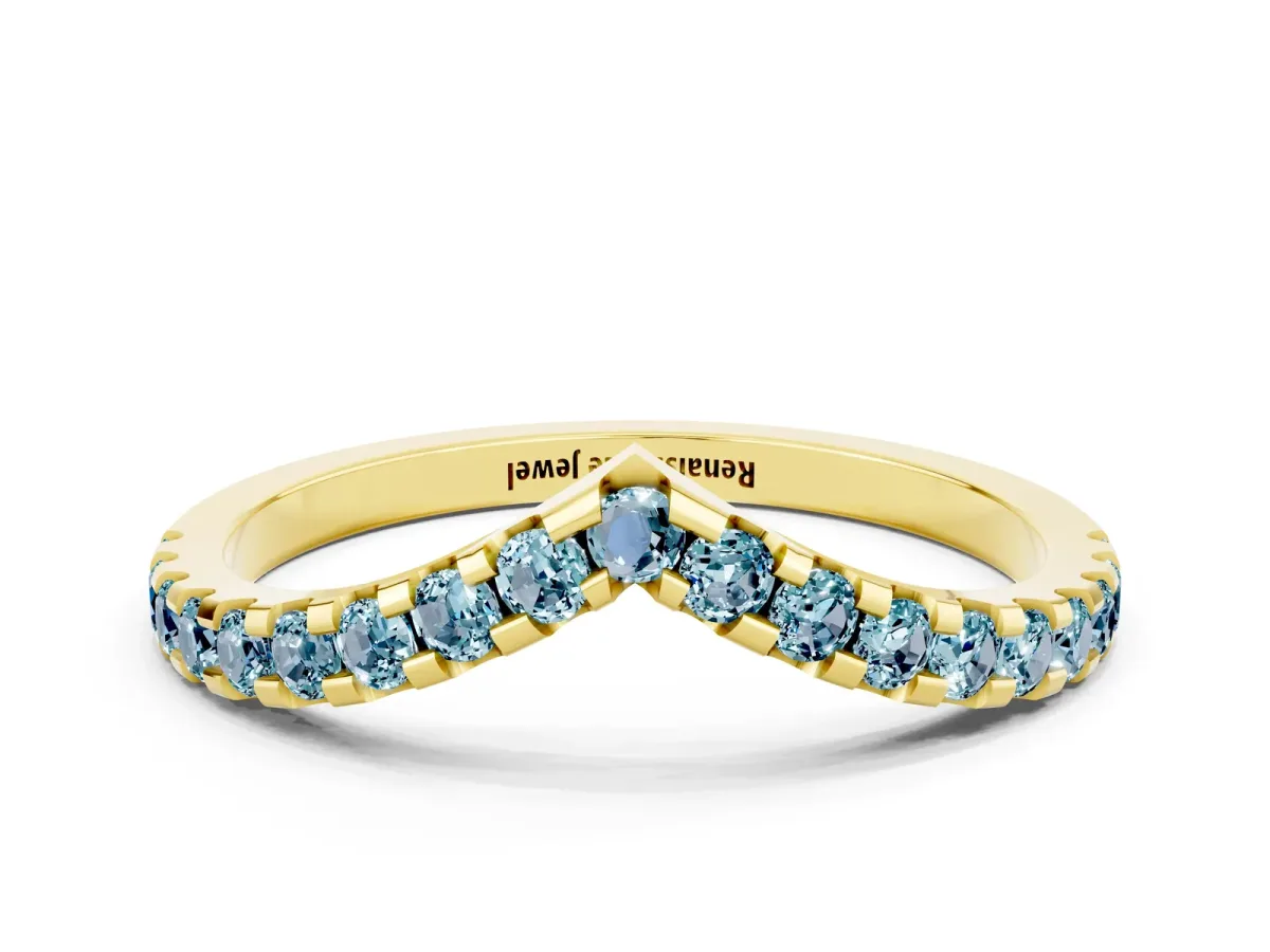 Pavé Round Aquamarine Chevron Band with Shared Prong Setting Yellow gold