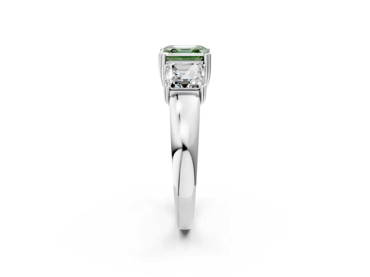 Fancy Green Three-Stone Asscher Cut Cut Diamond Ring with Channel Set Band and Four-Prong Setting Silver