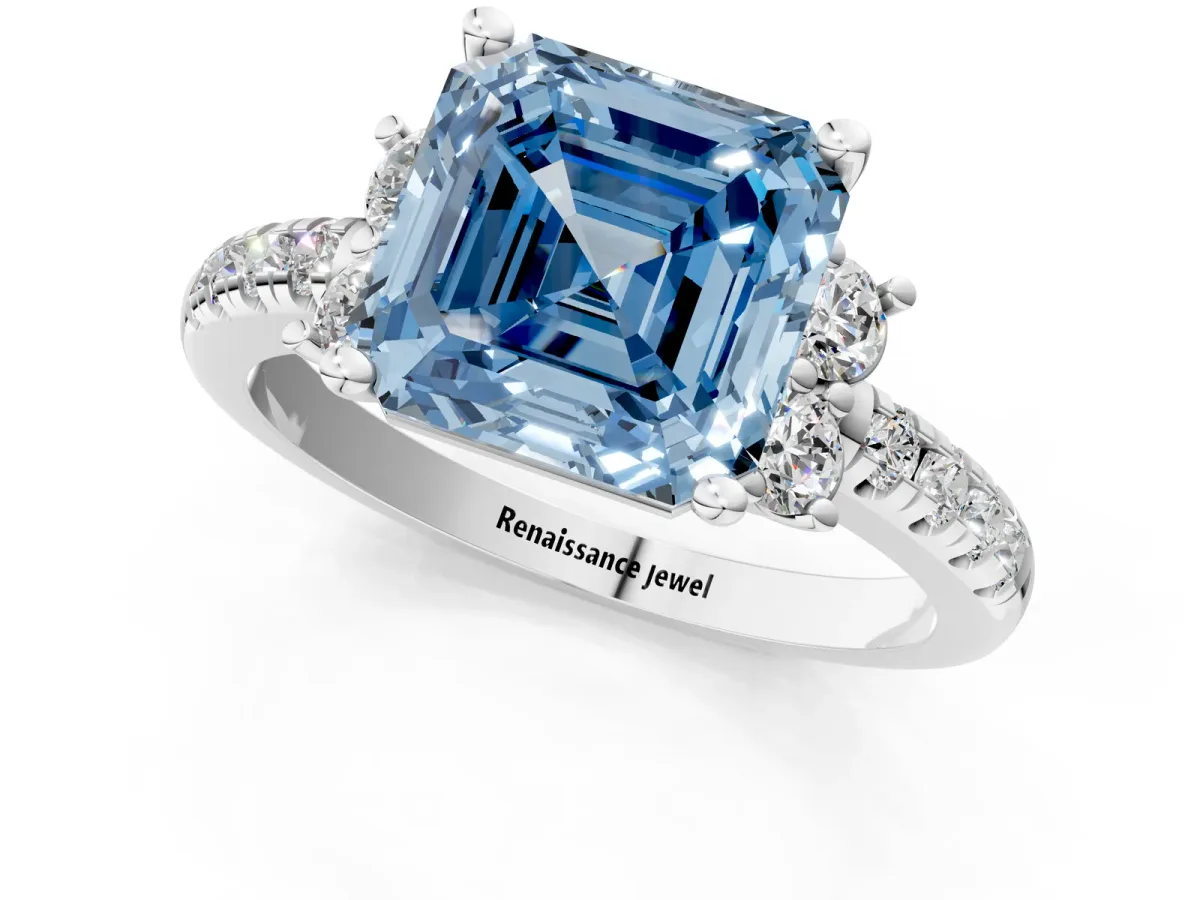 Fancy Blue Asscher Cut Diamond Three-Stone Pave Band with Four-Prong Setting Platinum