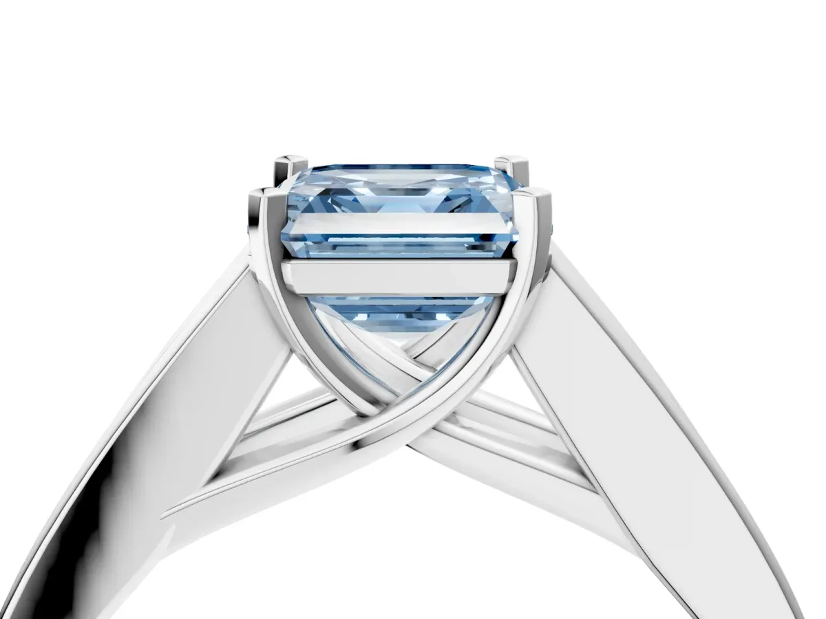 Fancy Blue Asscher Cut Cut Channel Set Solitaire Ring with Four-Prong Setting Silver