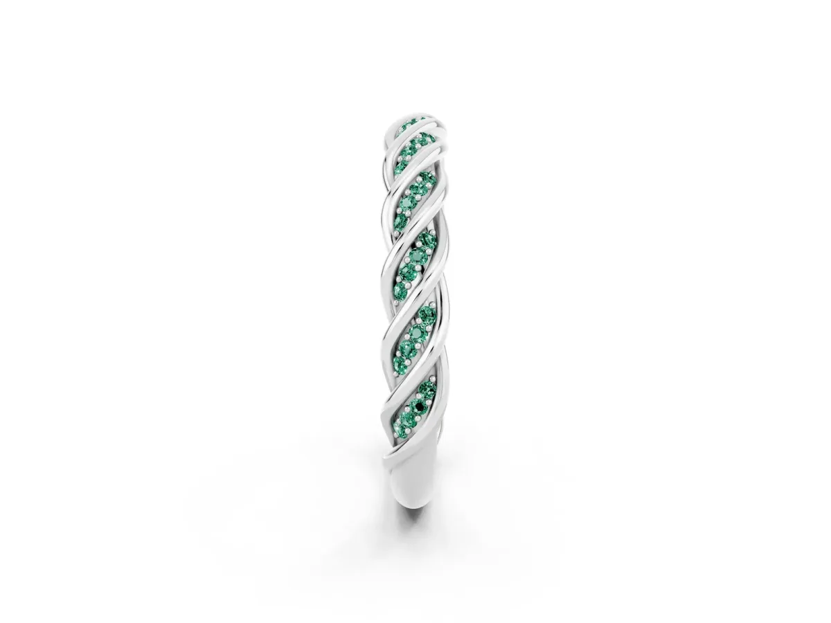 Twisted Pavé Round Green Sapphire Eternity Band with Shared Prong Setting Silver