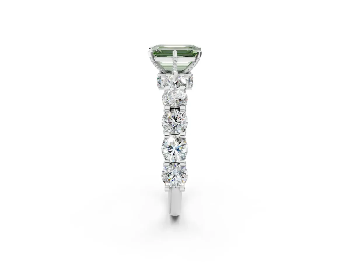 Fancy Green Emerald Cut Diamond Side Stone Engagement Ring with Four-Prong Setting White gold