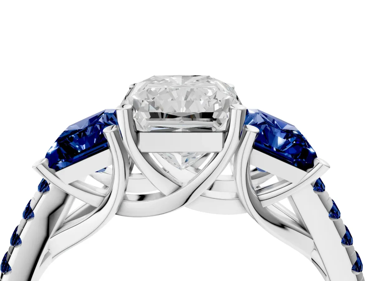Three-Stone Radiant Cut Diamond Ring with Round Blue Sapphire Pavé Band and Prong Setting Silver