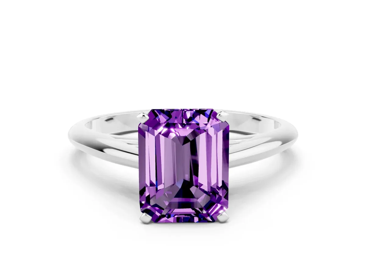 Emerald Cut Amethyst Solitaire Engagement Ring with Cathedral Setting and Four-Prong Mount White gold
