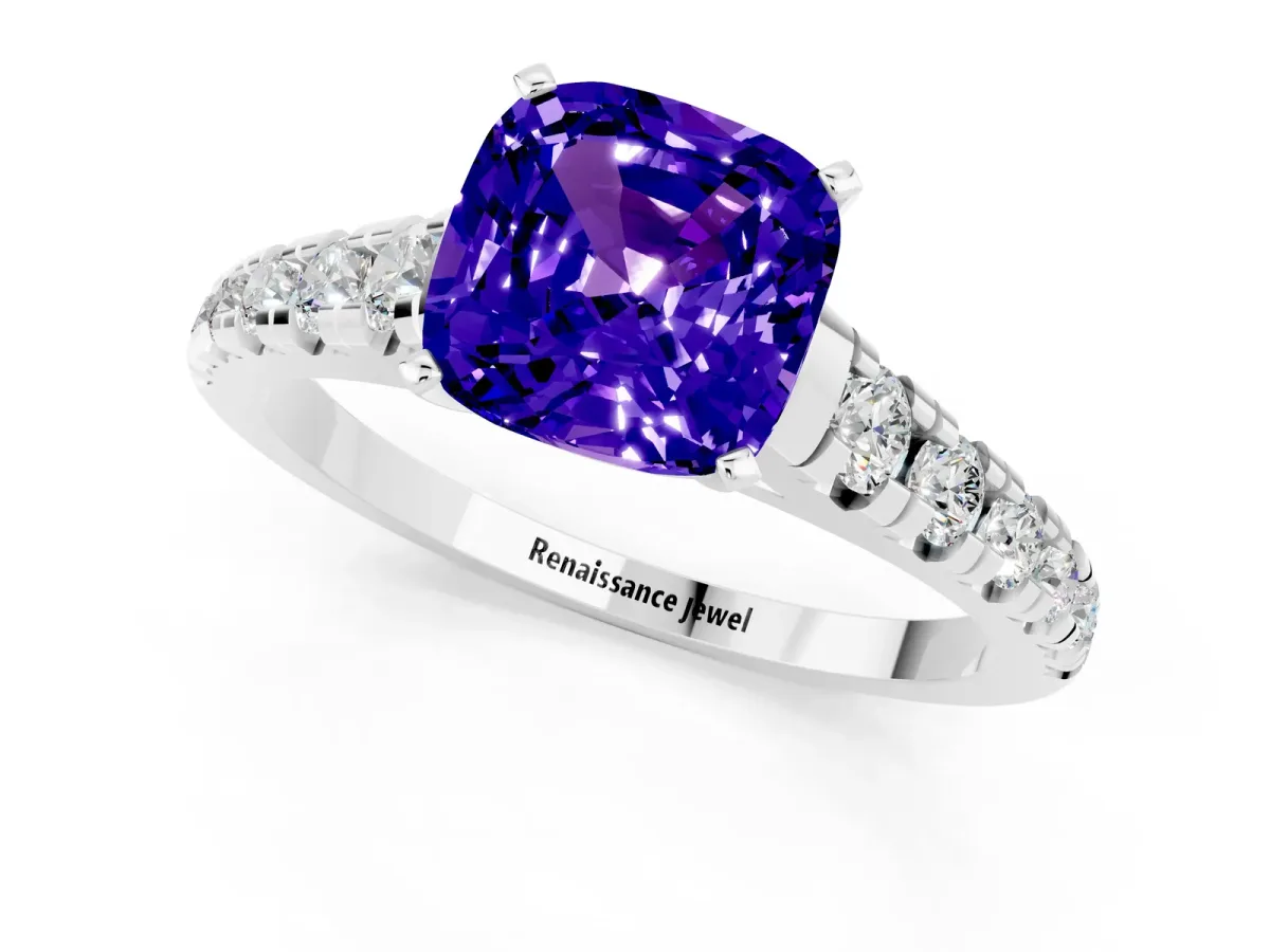 Cushion Cut Tanzanite Cathedral Solitaire Ring with Round Pavé Band Silver