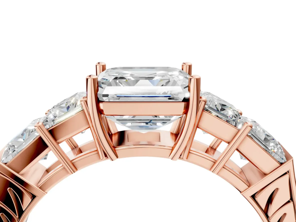 Asscher Cut Solitaire Princess Side Stone Engraved Band Prong Setting Ring Rose gold
