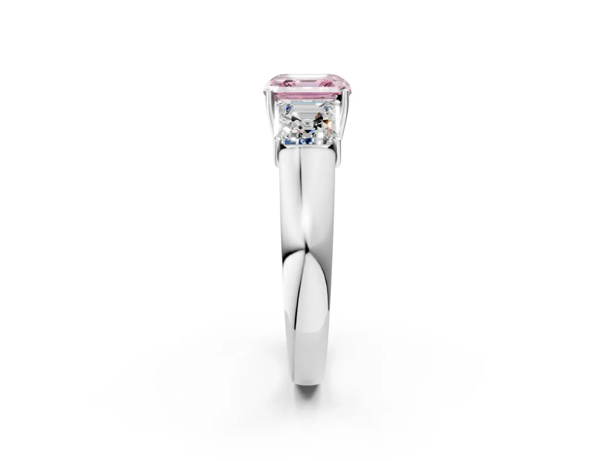 Fancy Pink Three-Stone Asscher Cut Cut Diamond Ring with Prong Setting and Classic Band Platinum