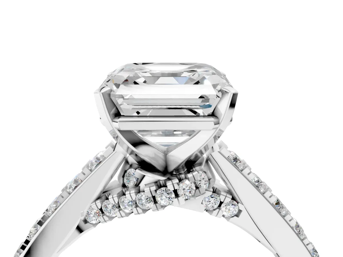 Asscher Cut Diamond Solitaire Ring with Crossover Gallery and Round Pavé Band Silver
