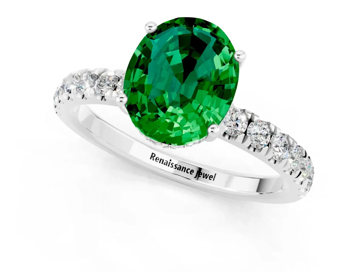 Oval Cut Emerald Pave Band Solitaire Ring with Round and Prong Setting White gold