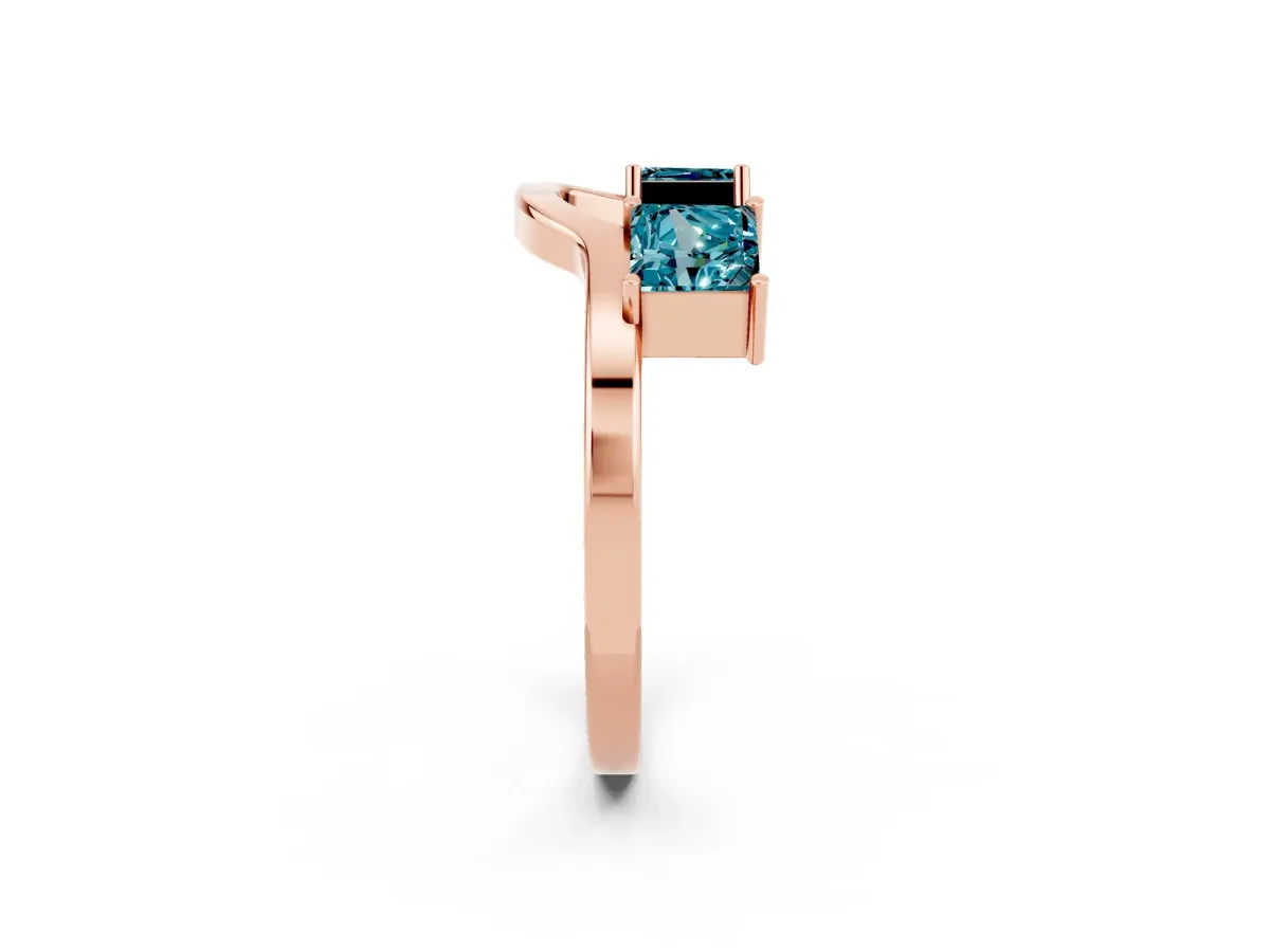 Princess Cut Blue Topaz Two-Stone Open Band Ring with Four-Prong Setting Rose gold
