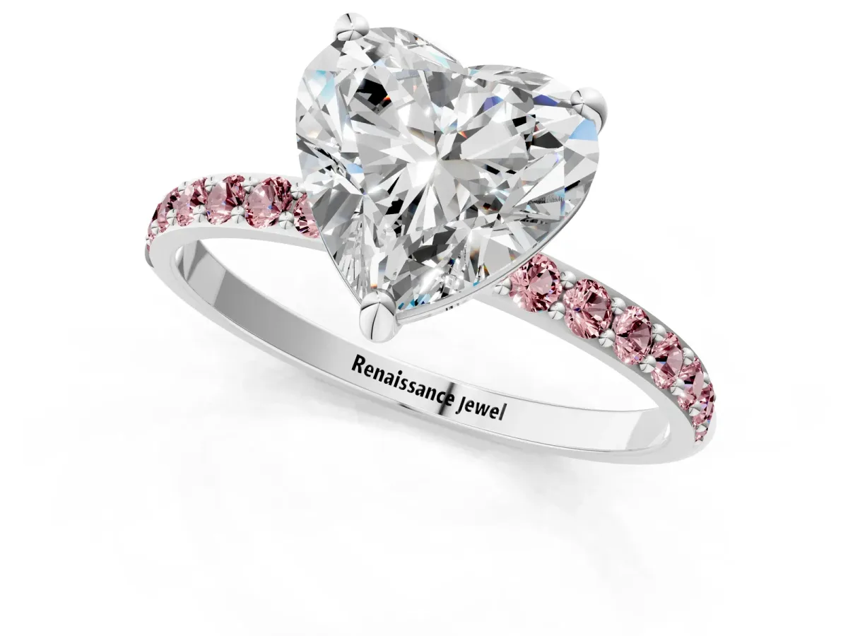 Heart Cut Diamond Solitaire Ring with Round Morganite Pavé Band and Prong Setting Silver
