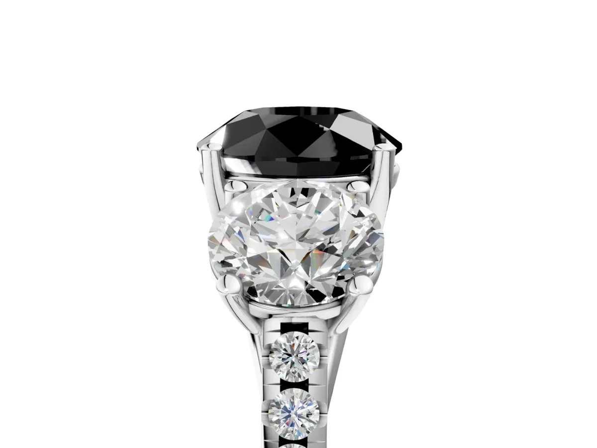 Fancy Black Three-Stone Round Cut Diamond Ring with Round Pavé Band and Prong Setting Platinum