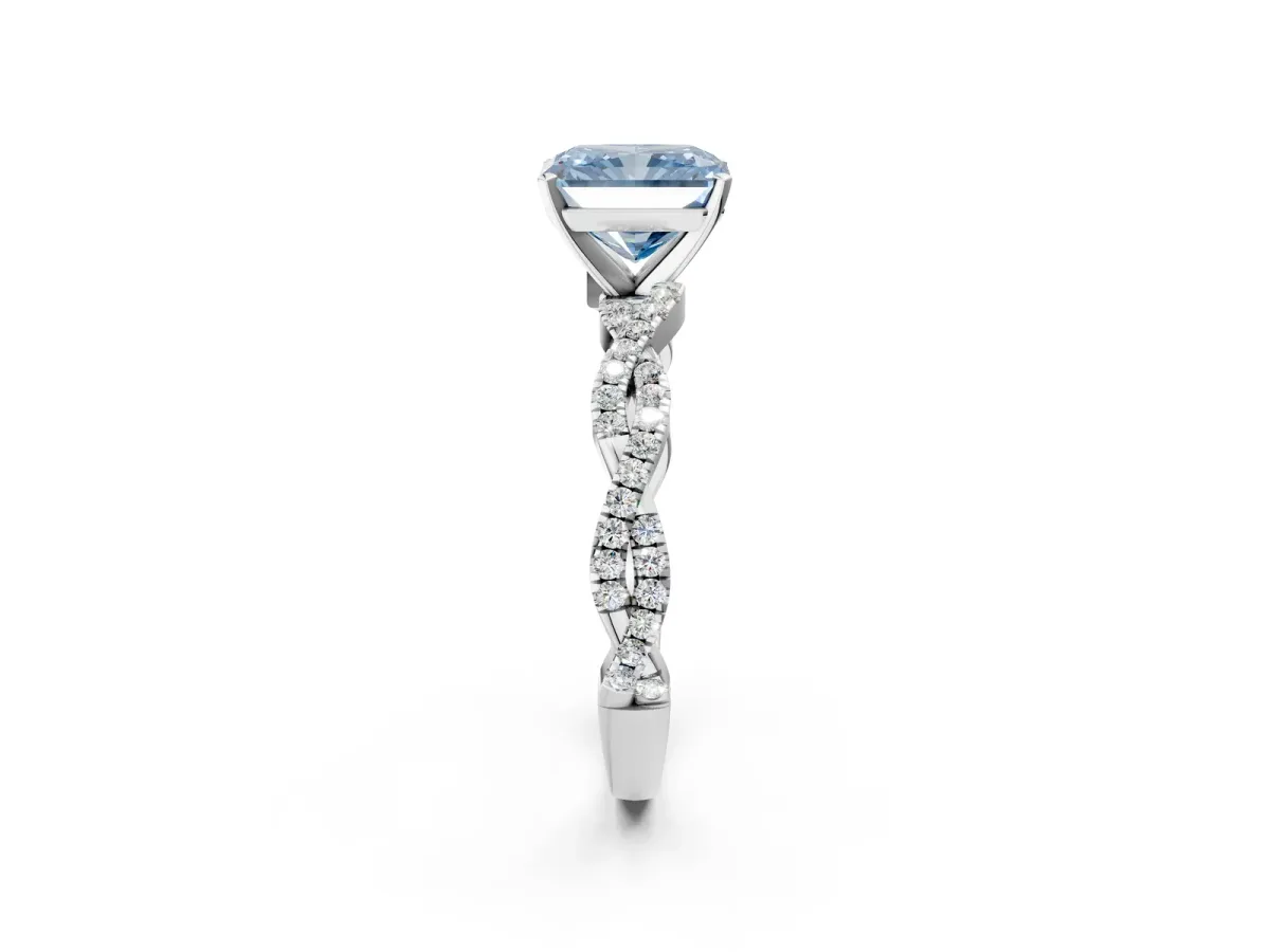 Fancy Blue Radiant Cut Solitaire Twisted Pave Band with Four-Prong Setting Platinum