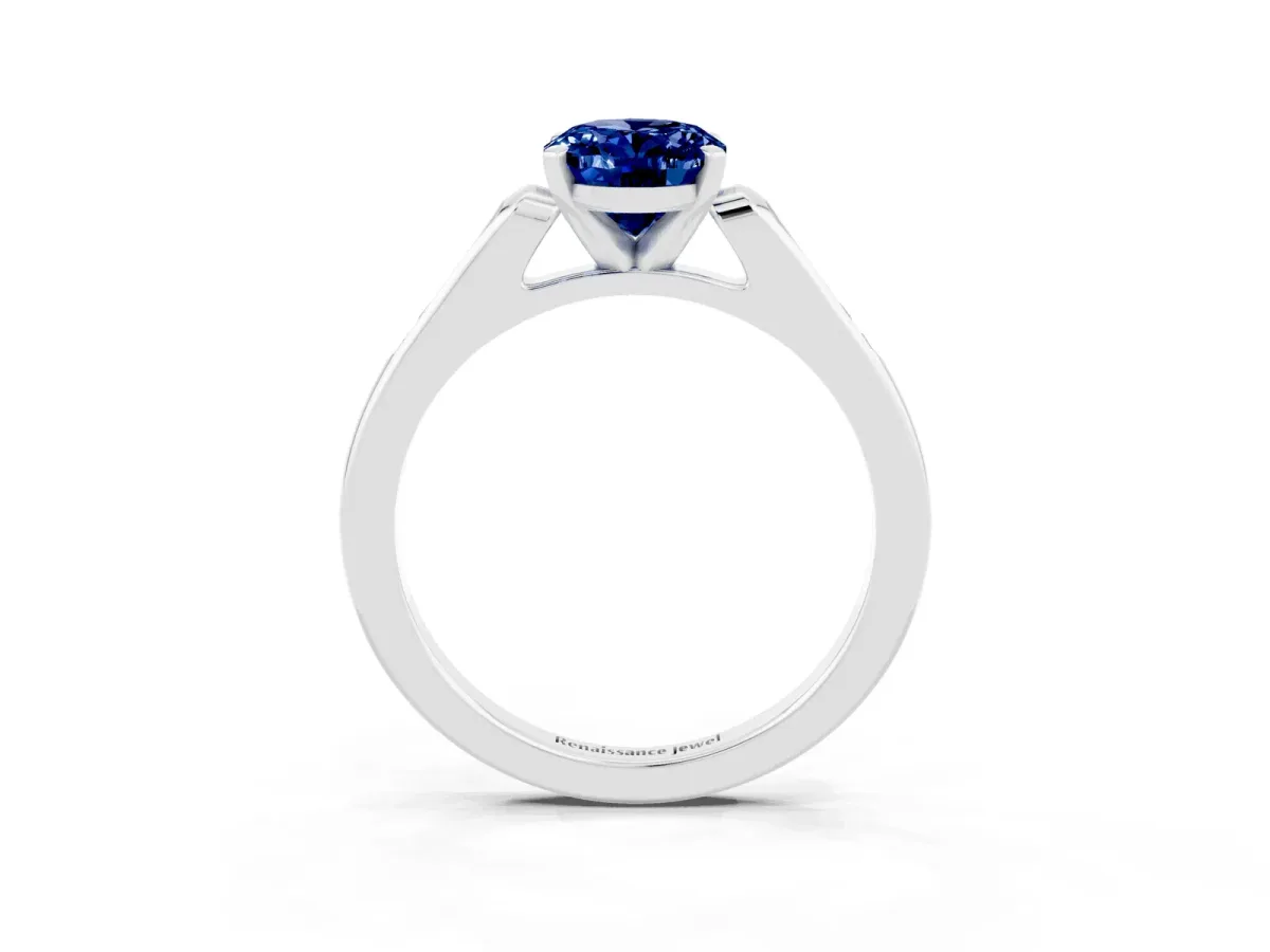 Oval Cut Blue Sapphire Solitaire Ring with Channel Set Round Band and Prong Setting Silver