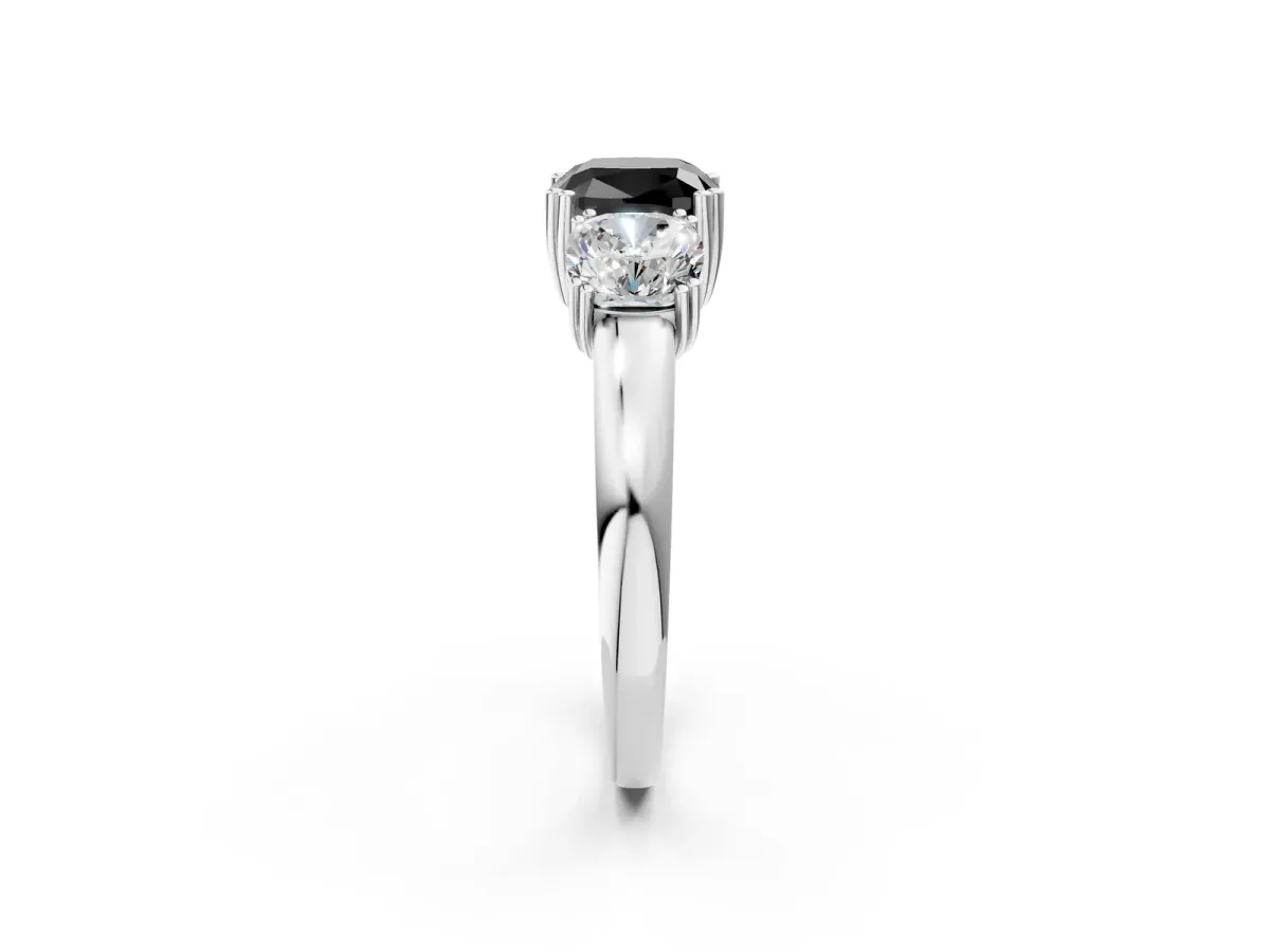 Fancy Black Three-Stone Cushion Cut Cut Diamond Ring with Channel Set Band and Four-Prong Setting Silver
