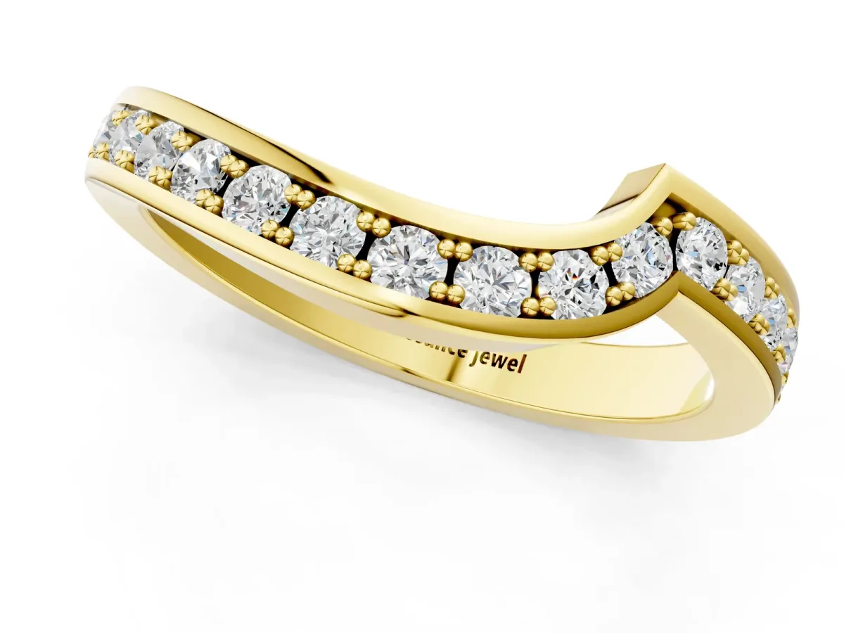 Pavé Round Diamond Curved Wedding Band with Channel Setting Yellow gold