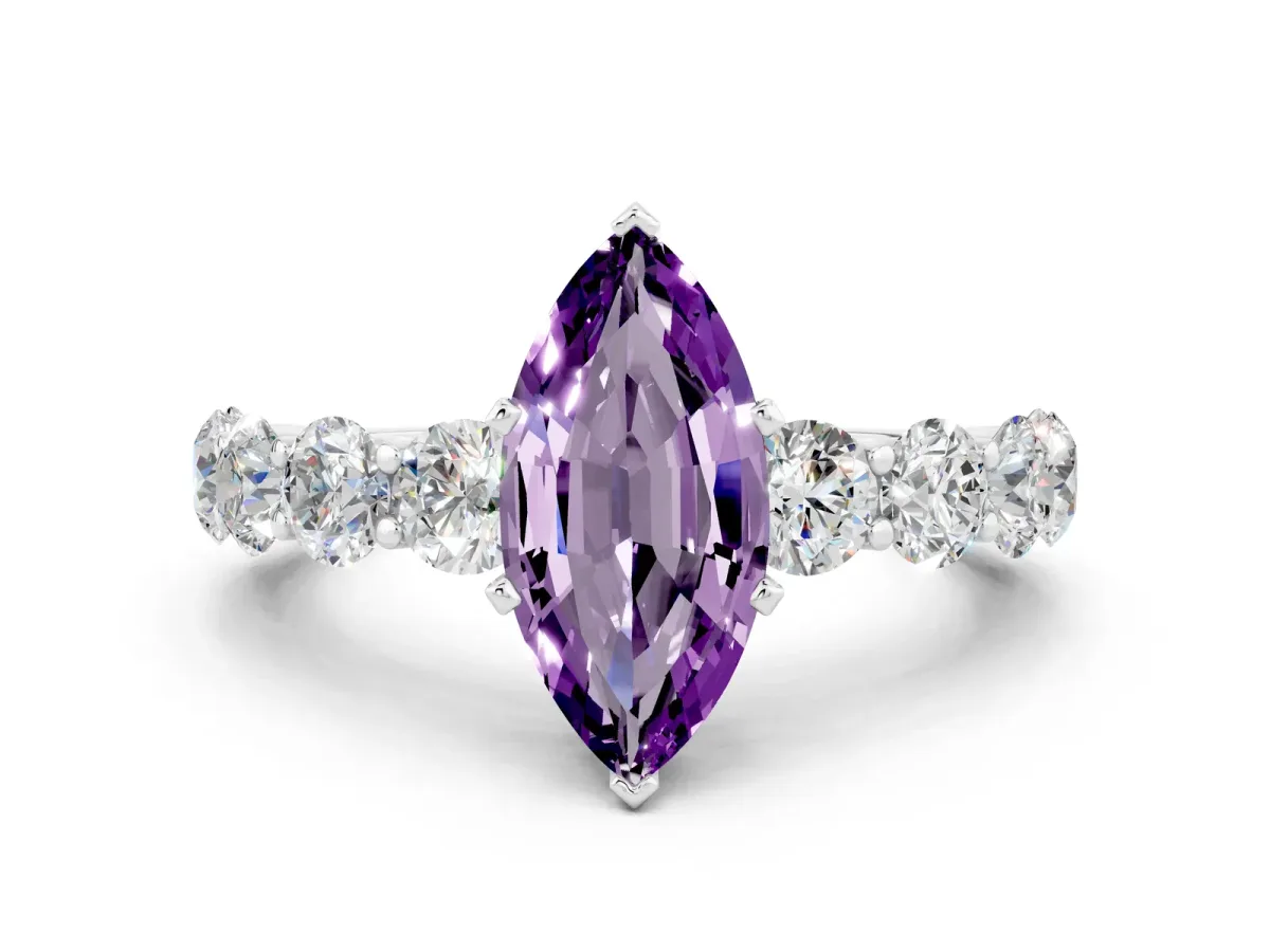 Marquise Cut Amethyst Prong Setting with Side Stones on a Pave Band Silver
