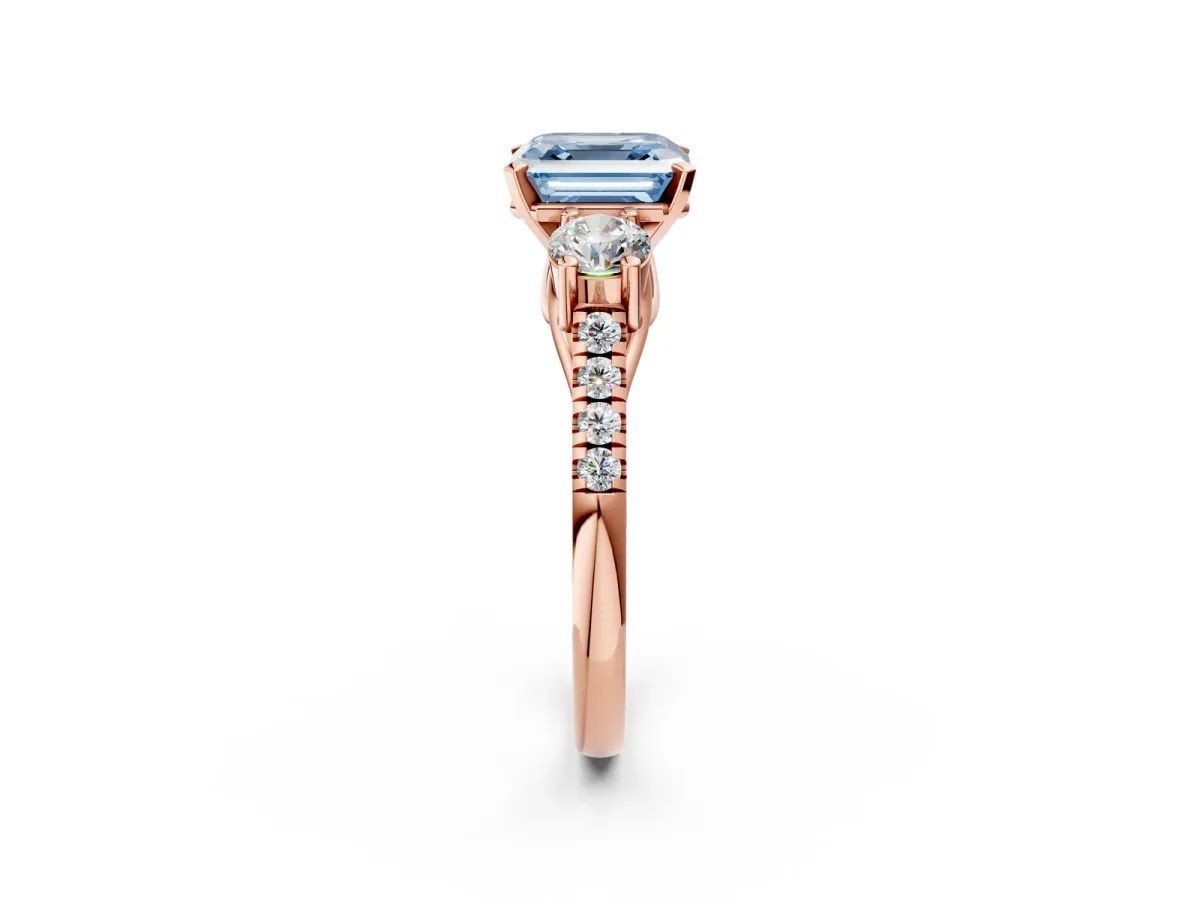 Fancy Blue Three-Stone Asscher Cut Diamond Pavé Band with Four-Prong Setting Rose gold