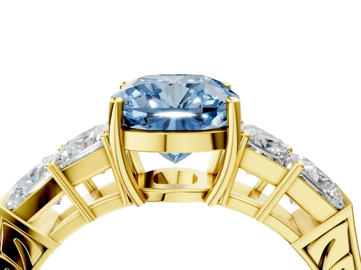 Fancy Blue Cushion Cut Solitaire Princess Side Stone Engraved Band Prong Setting Ring Yellow gold